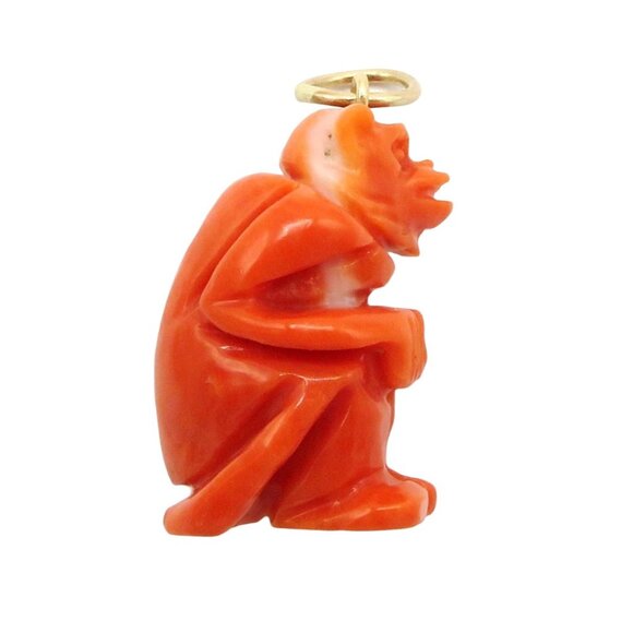 Vintage 14K Gold Carved Coral Grotesque Demon Amulet Charm Pendant 1930s - Picture 6 of 10